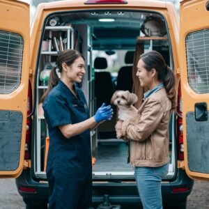 A mobile groomer conducting a personalized consultation with a pet owner