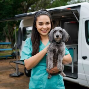 A mobile groomer providing on-site pet grooming services, making it convenient for pet owners.