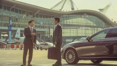 Business people meet at the airport with a luxury car
