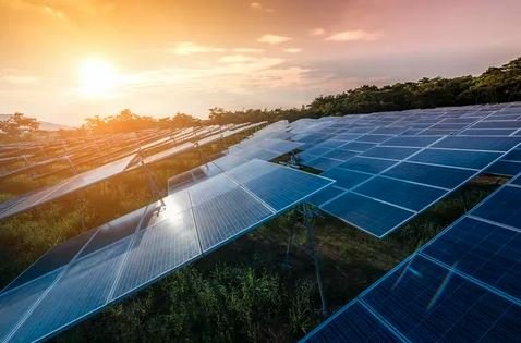 Solar panels reflecting the warm hues of a sunset in a serene field, showcasing renewable energy in harmony with nature.