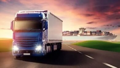 A blue truck travels along the road, with a large ship visible in the background.