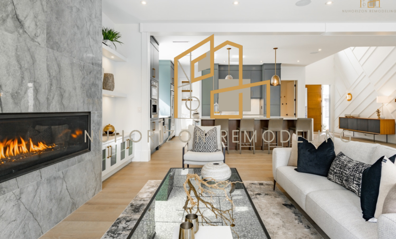 Beautifully remodeled open-concept living room and kitchen in a modern Austin home.